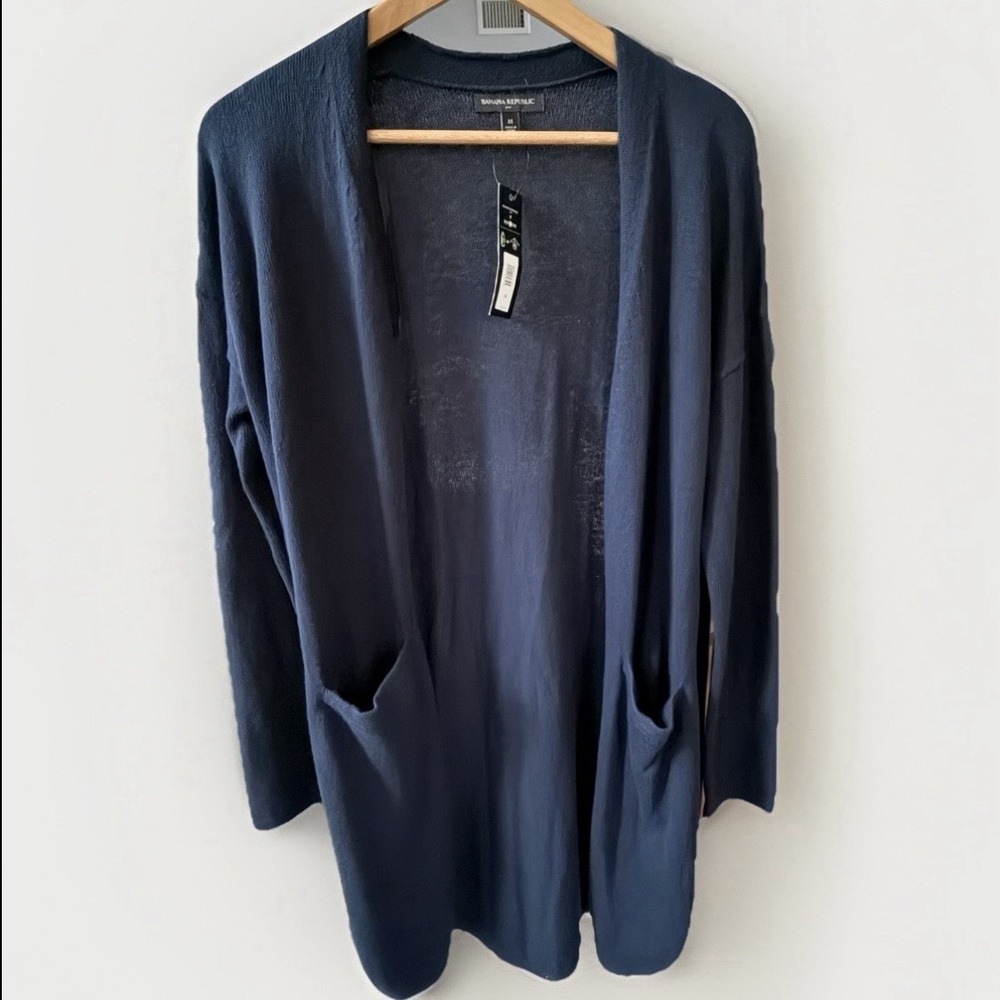 BR x Repreve Eco Long Open Navy Cardigan Sz M Recycled Lightweight Drape Sweater